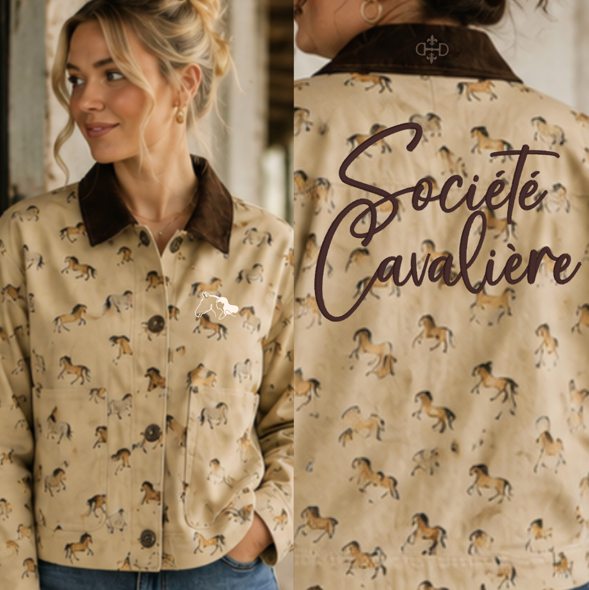 A woman wearing a beige printed jacket with a dark brown collar, shown in a split view of her face and the back of the jacket featuring the text 'Société Cavalieri'.
