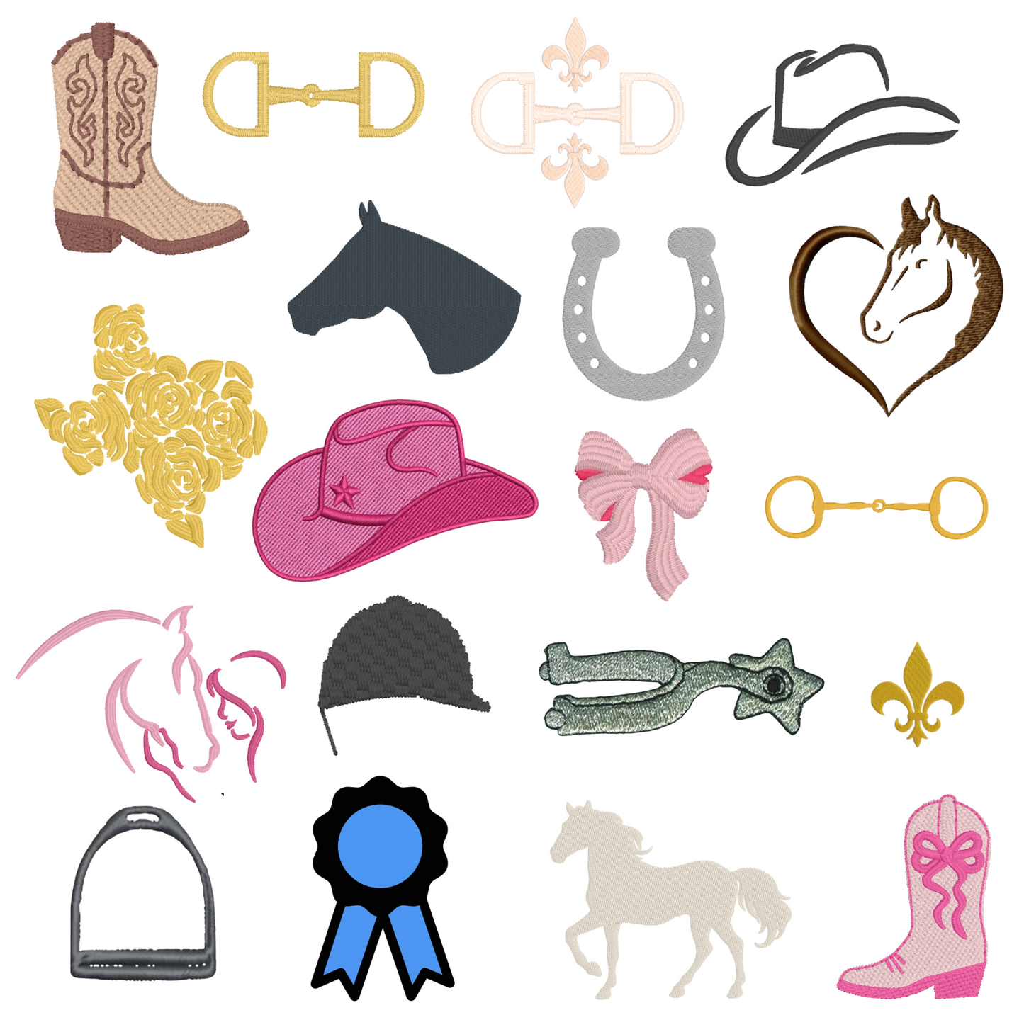 A collage of western and equestrian-themed icons on a white background, including cowboy boots, a hat, horseshoe, horse head, heart-shaped horse outline, ribbon, star bit, fleur-de-lis, and other western symbols in multiple colors.