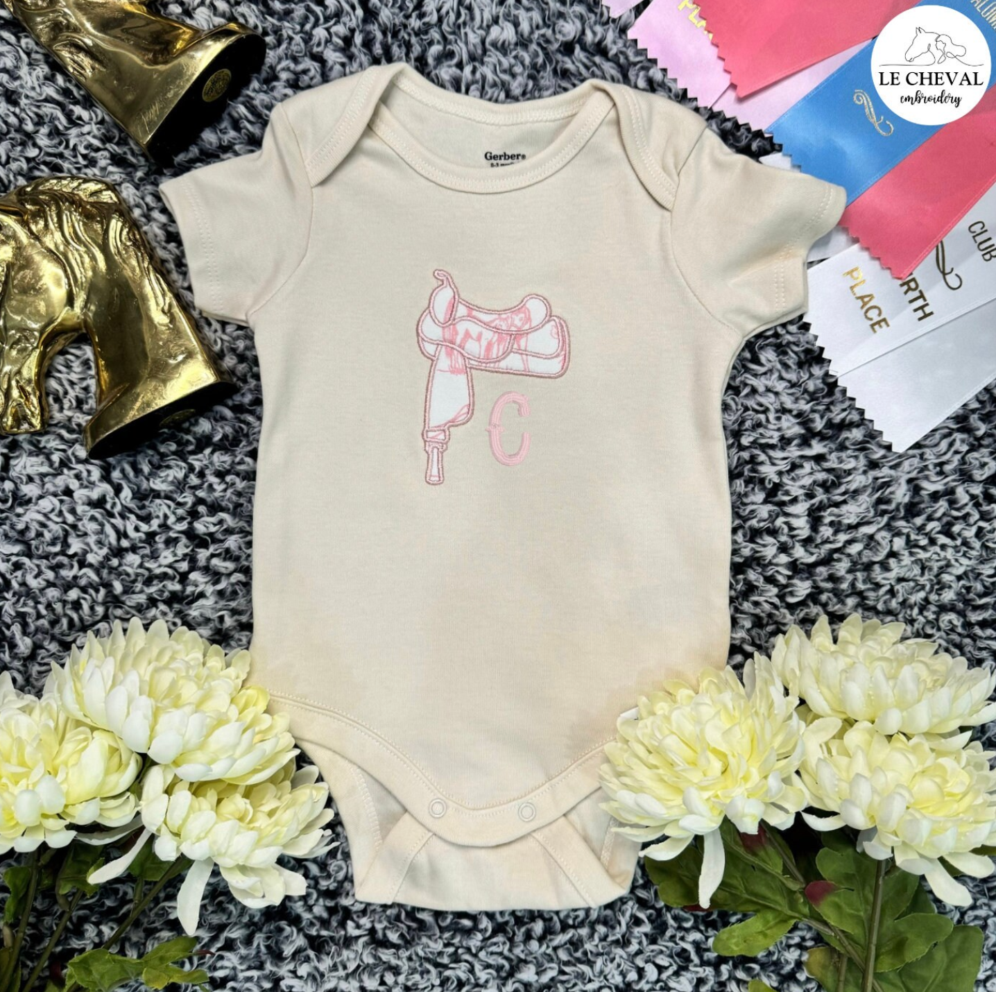 Embroidered Baby Onesie English or Western Appliqué Saddle