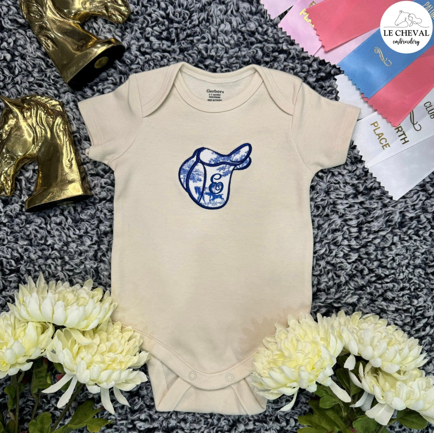 Embroidered Baby Onesie English or Western Appliqué Saddle