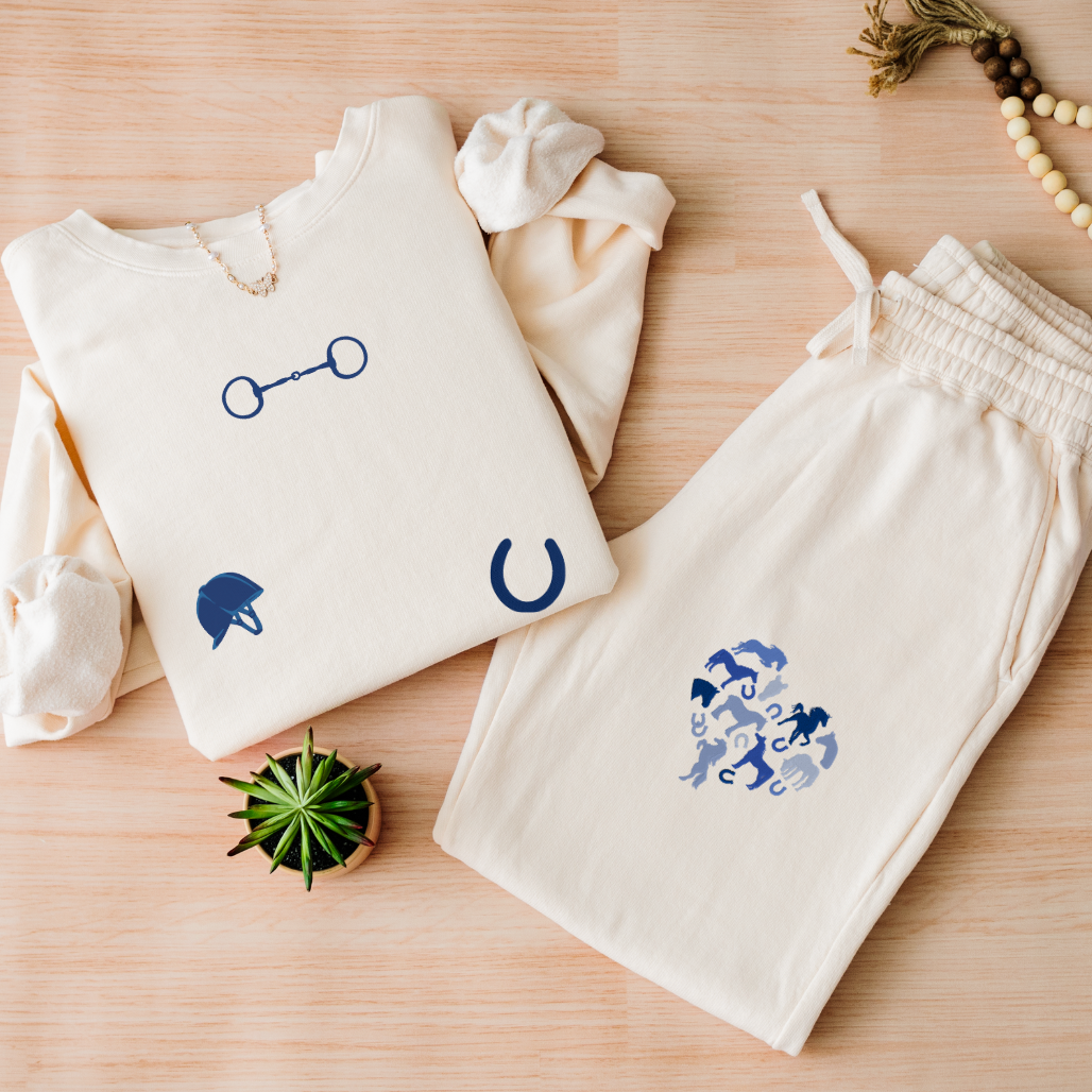 English Equestrian-Inspired Embroidered Comfort Colors Sweatshirt & Sweatpants Set