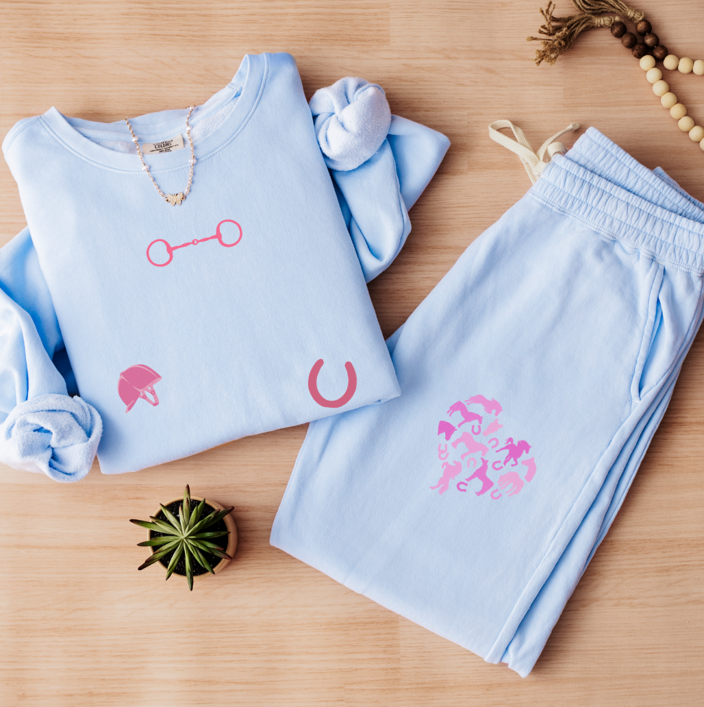 English Equestrian-Inspired Embroidered Comfort Colors Sweatshirt & Sweatpants Set