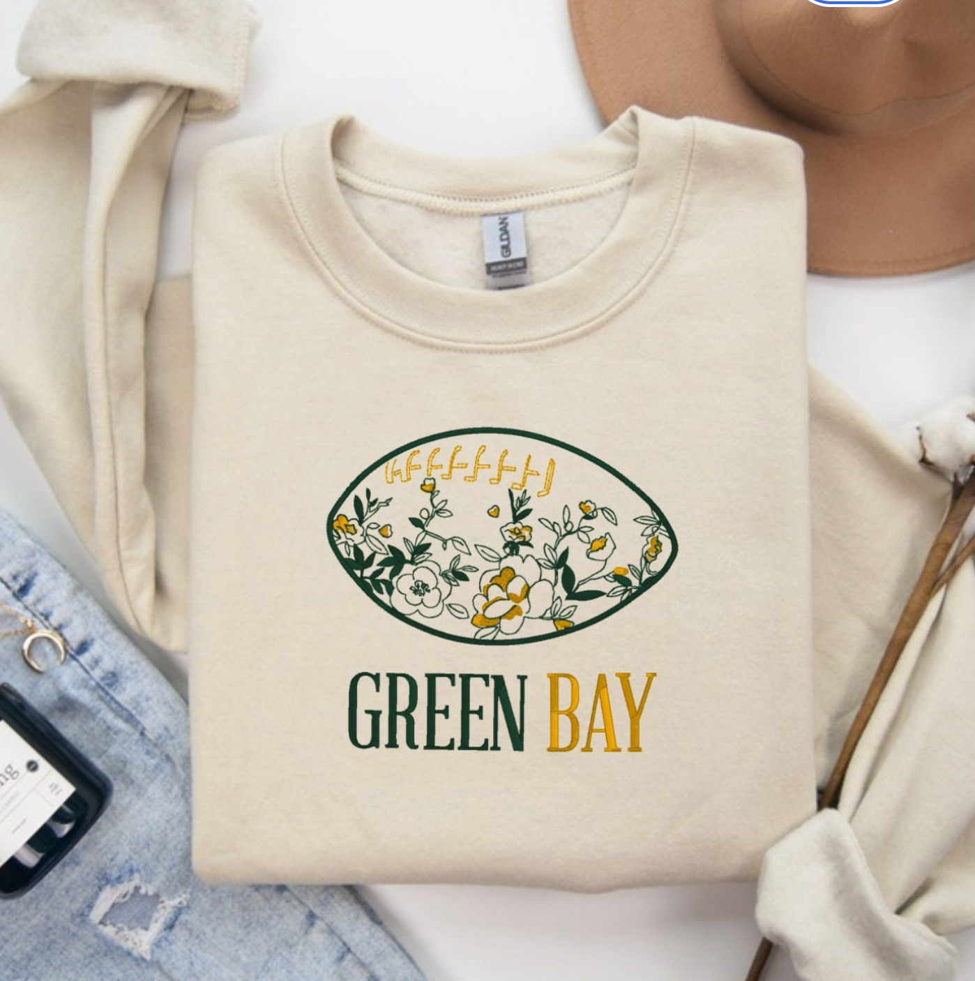 Embroidered Chinoiserie Football Crewneck Sweatshirt w/ City Name & Custom Colors