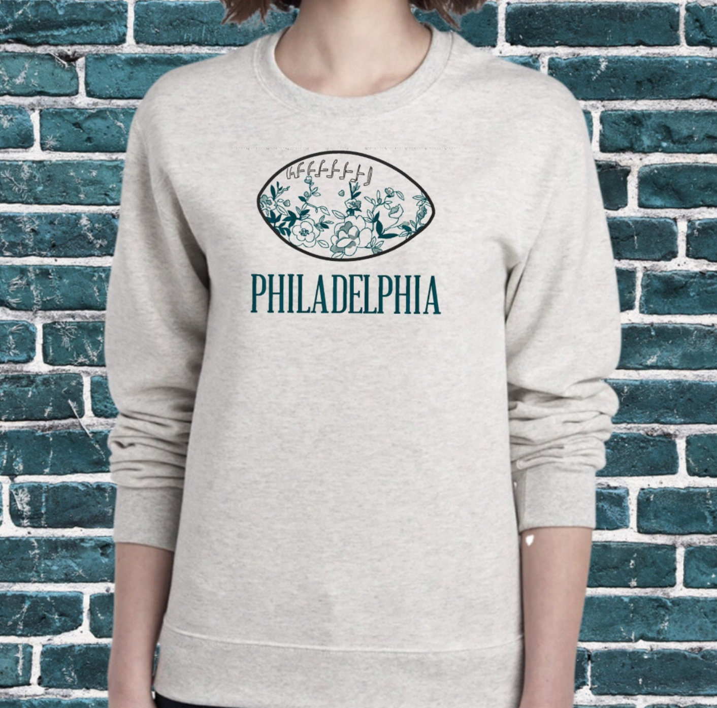 Embroidered Chinoiserie Football Crewneck Sweatshirt w/ City Name & Custom Colors