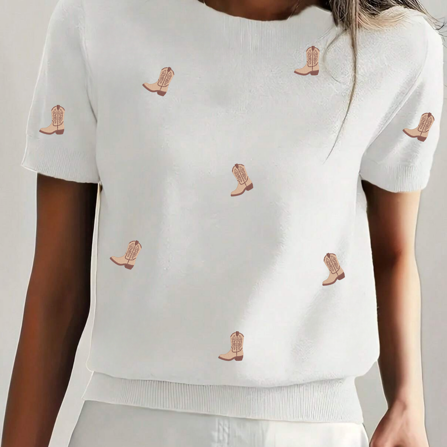 Embroidered Cowboy Boot Short Sleeve Sweater