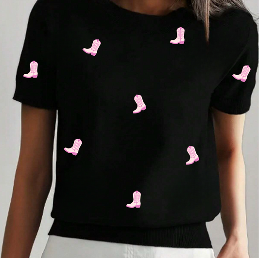 Embroidered Cowboy Boot Short Sleeve Sweater