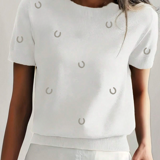 Embroidered Horseshoe Short Sleeve Sweater