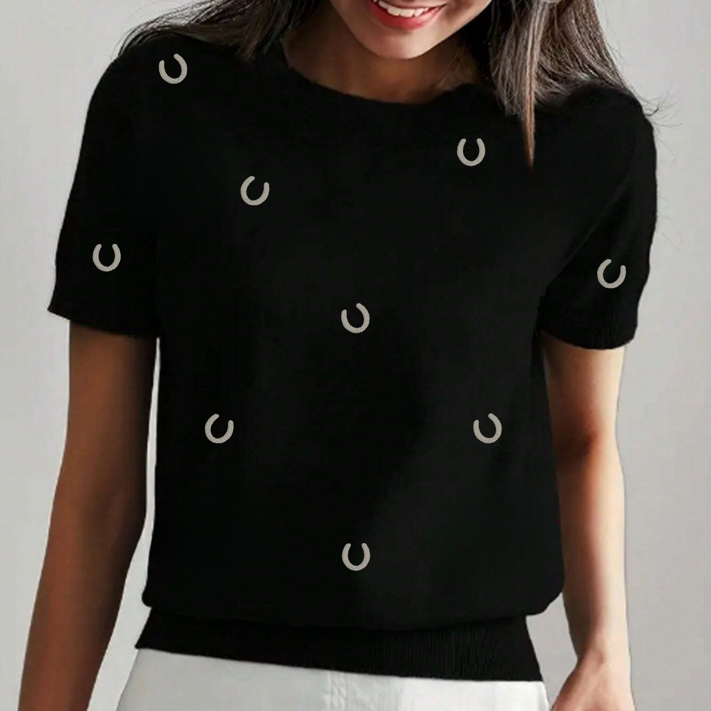 Embroidered Horseshoe Short Sleeve Sweater