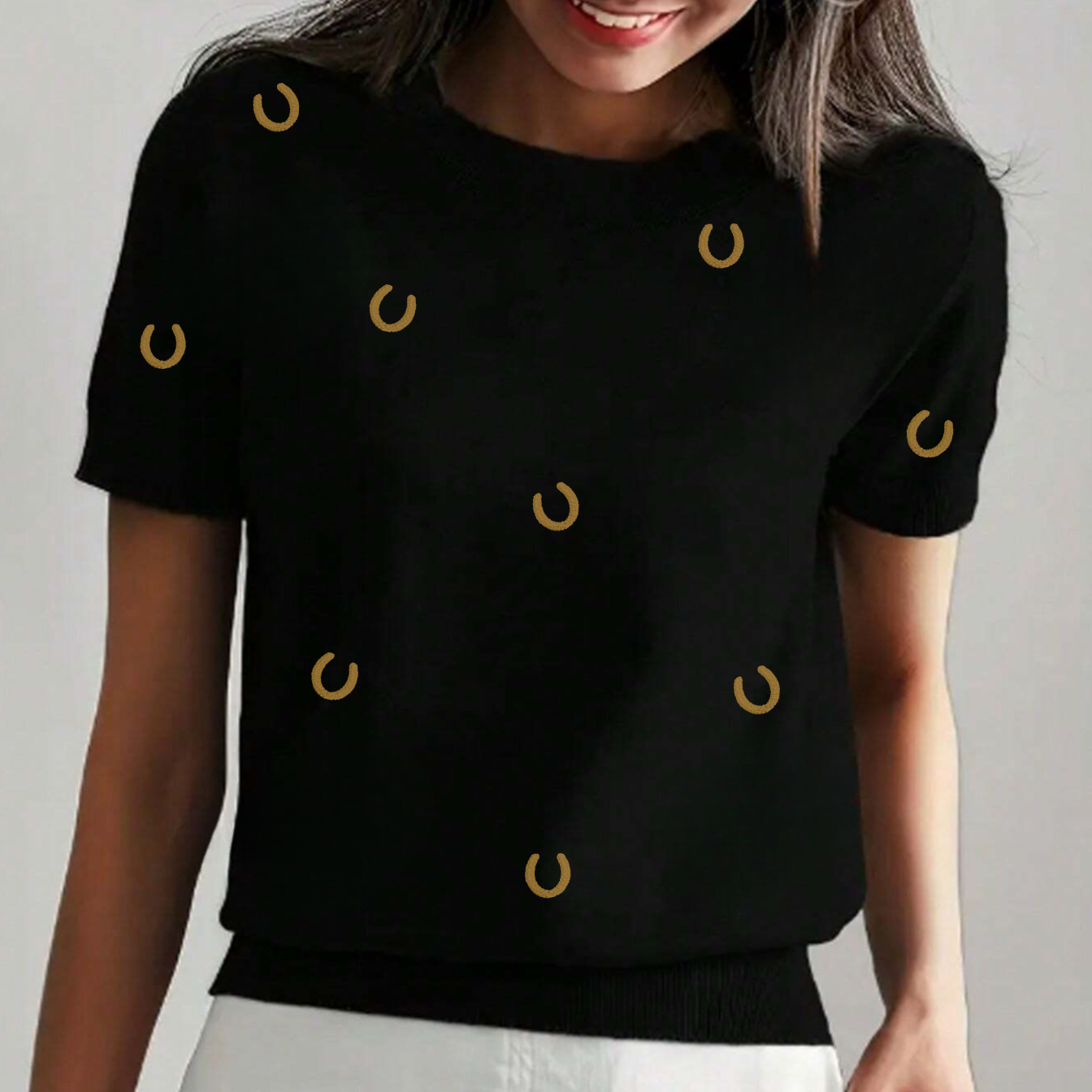 Embroidered Horseshoe Short Sleeve Sweater