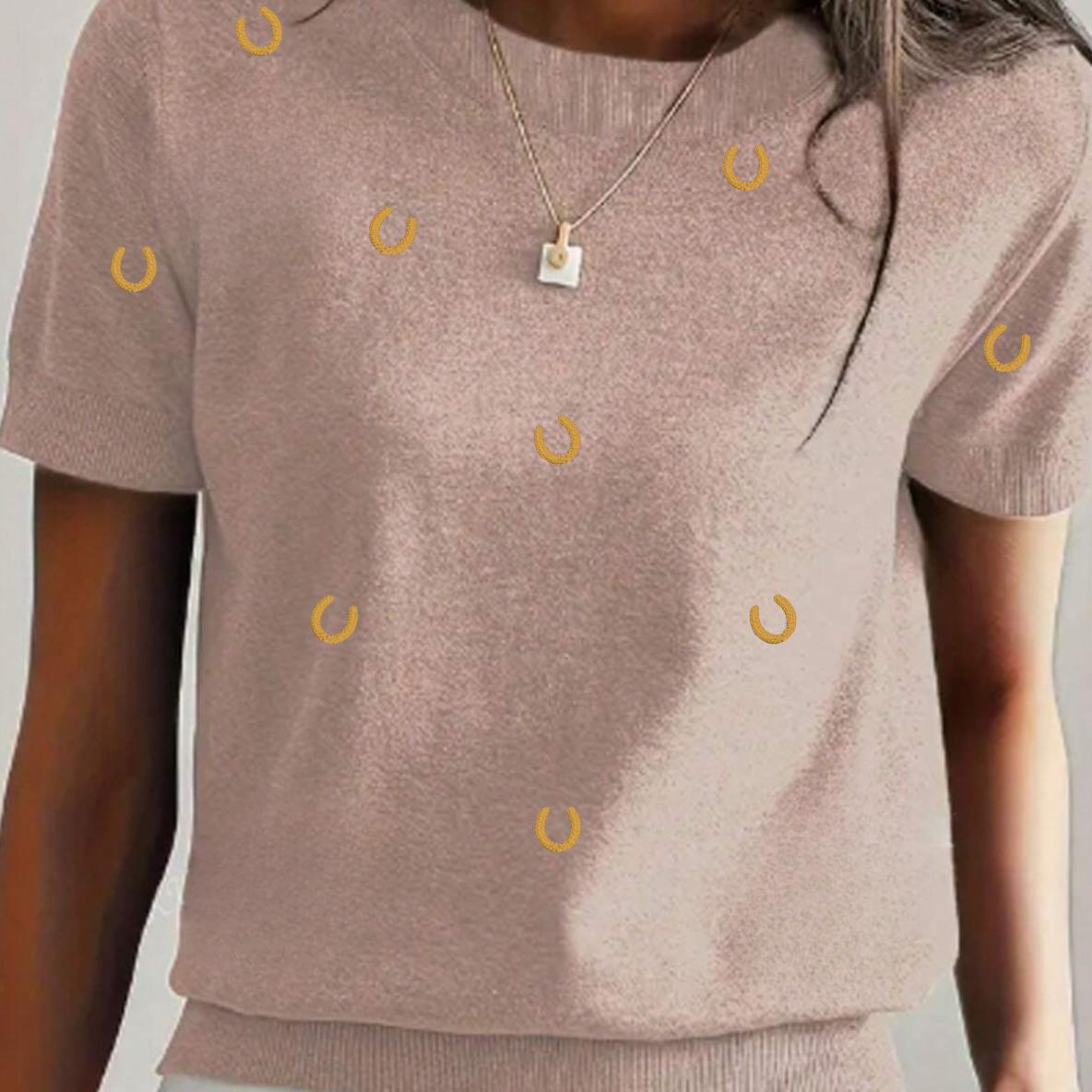 Embroidered Horseshoe Short Sleeve Sweater