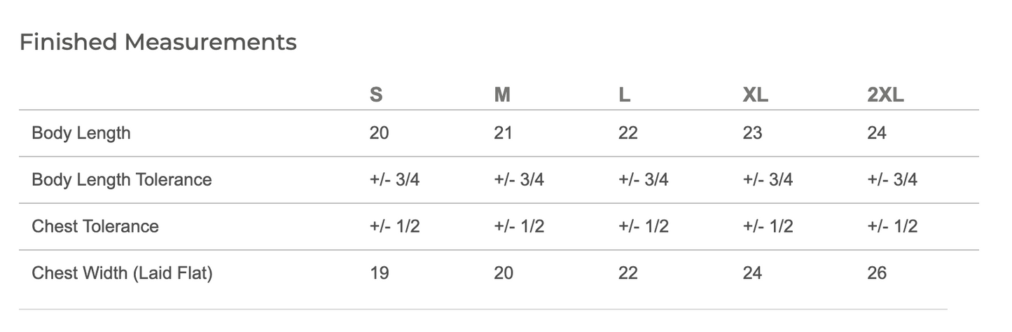 A size measurement chart titled 'Finished Measurements' showing body length, body length tolerance, chest tolerance, and chest width for sizes S, M, L, XL, and 2XL.