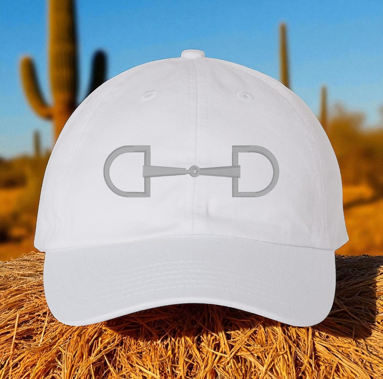 3d puff embroidered snaffle bit on premium hat for equestrians and horse girls. 