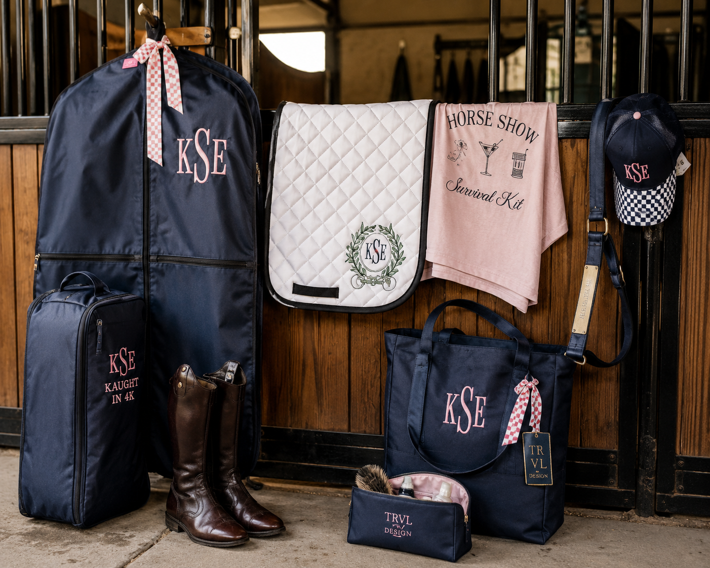 Collection of equestrian apparel and accessories you need at a horse show.