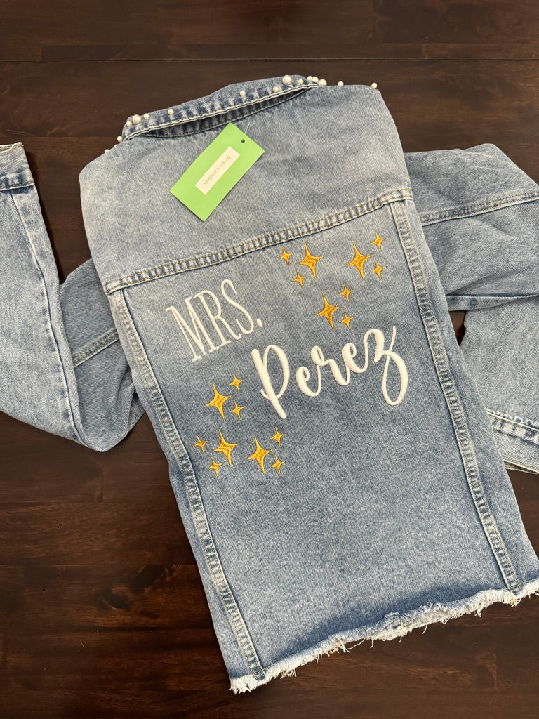 Mrs. Custom Wedding Denim Jacket with Pearl Collar & Embroidered Name and Optional Wedding Date