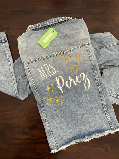 Mrs. Custom Wedding Denim Jacket with Pearl Collar & Embroidered Name and Optional Wedding Date