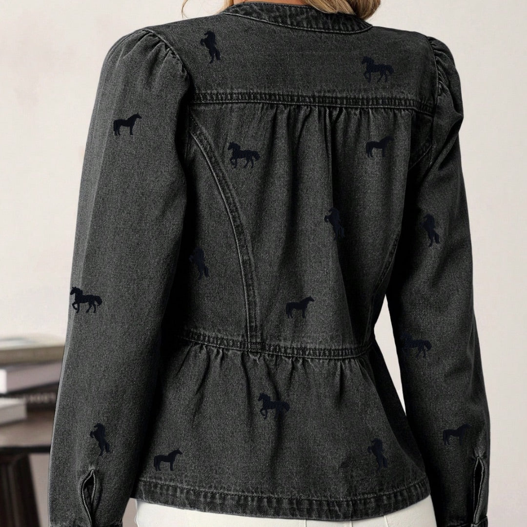 All-Over Horse Embroidered Peplum Denim Jacket