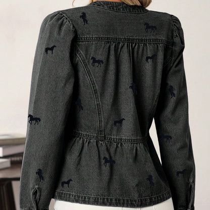 All-Over Horse Embroidered Peplum Denim Jacket