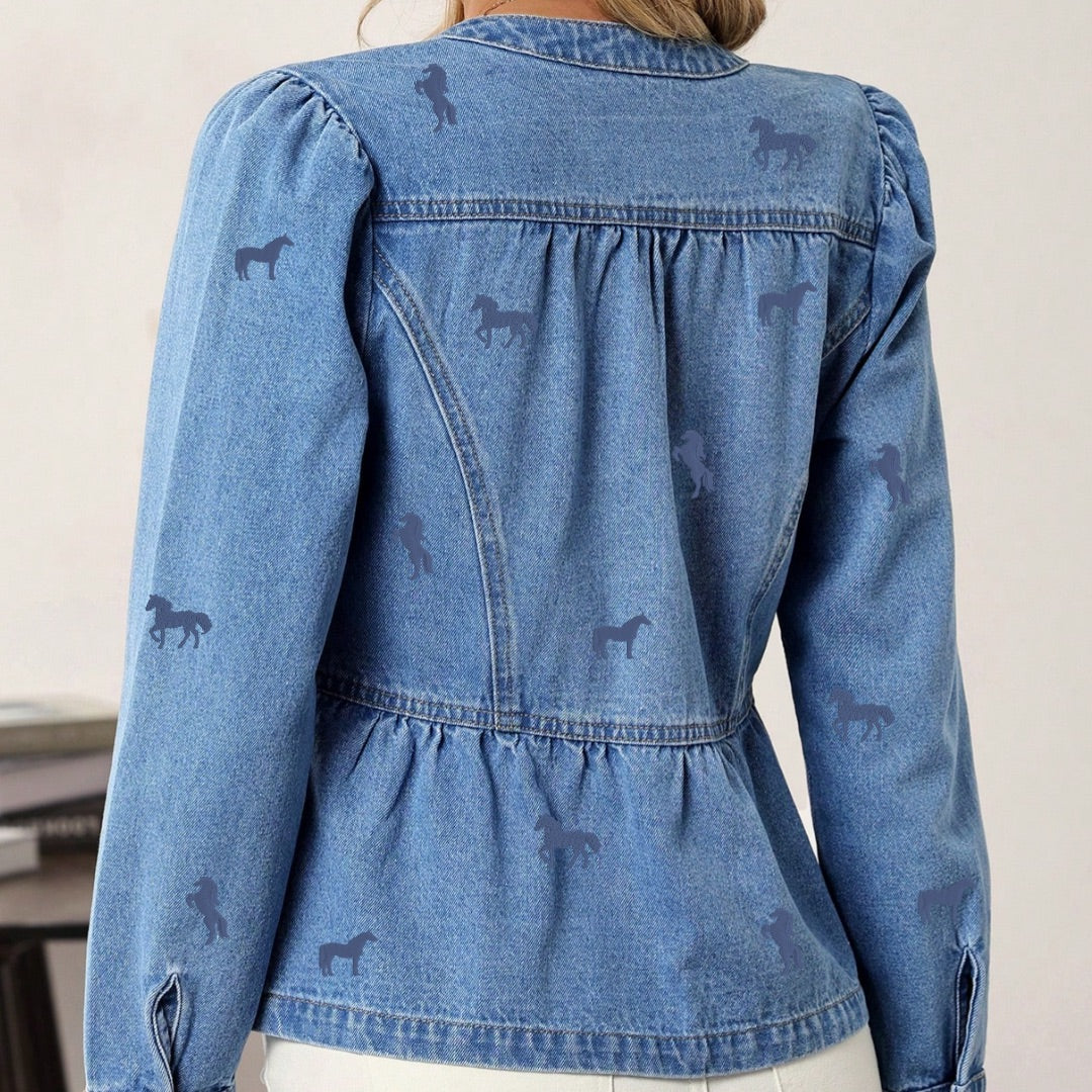 All-Over Horse Embroidered Peplum Denim Jacket