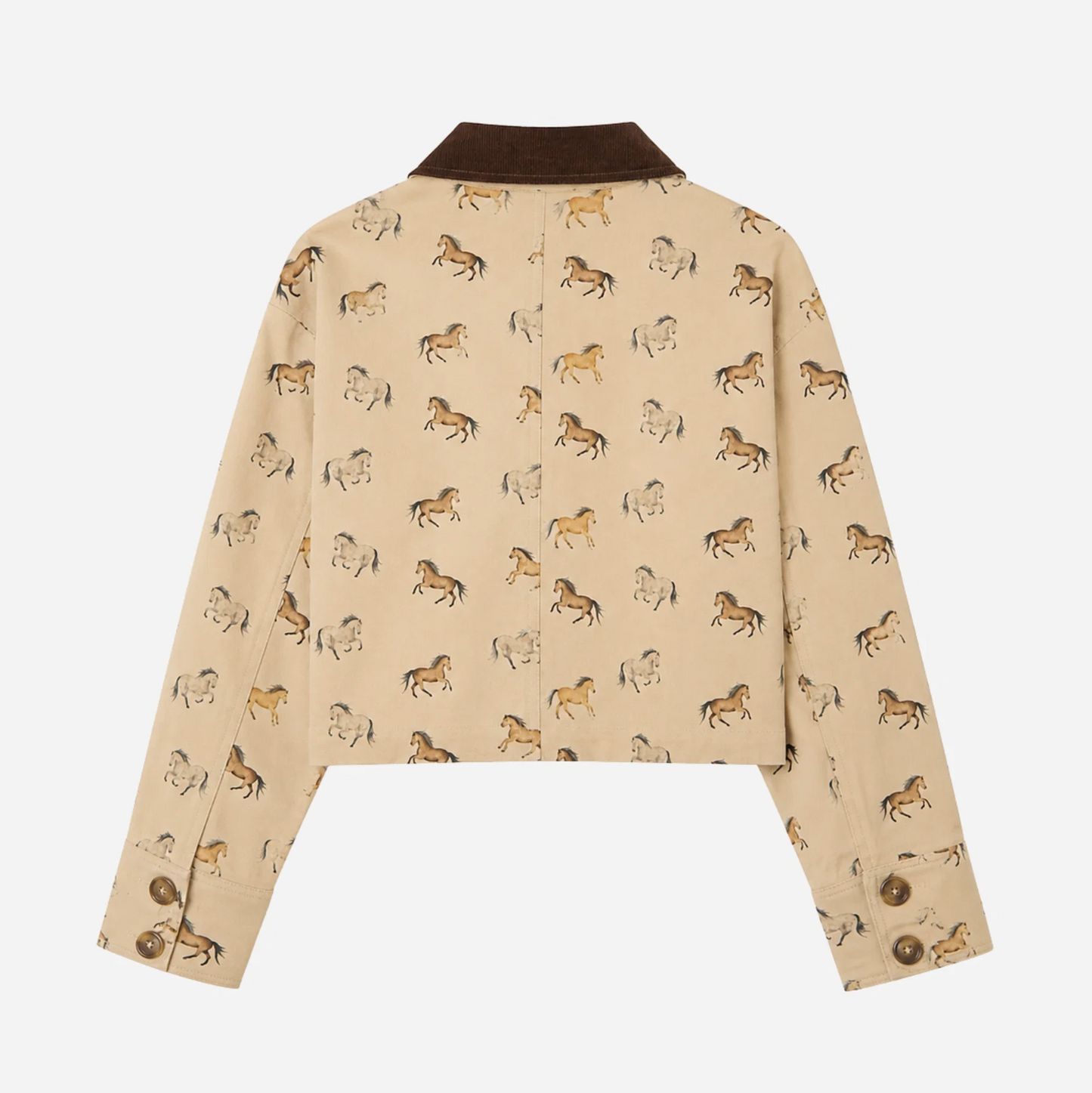 A cropped long-sleeve jacket shown from the back, featuring an allover print of brown and black horses on a beige background, with a contrasting dark brown collar.