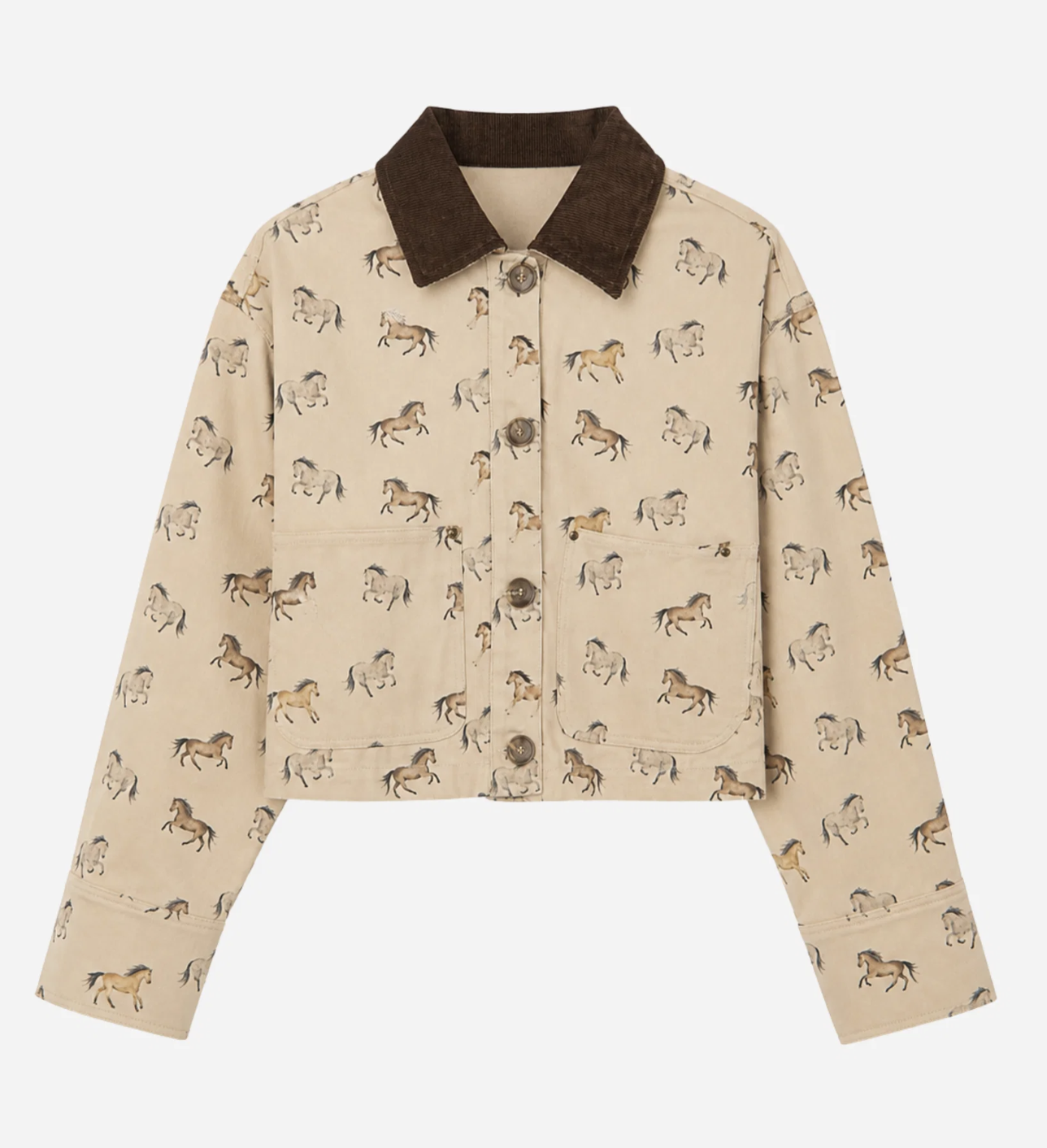 A cropped beige jacket with an allover horse print, featuring a contrasting dark brown corduroy-style collar and brown buttons, shown flat on a light gray background.