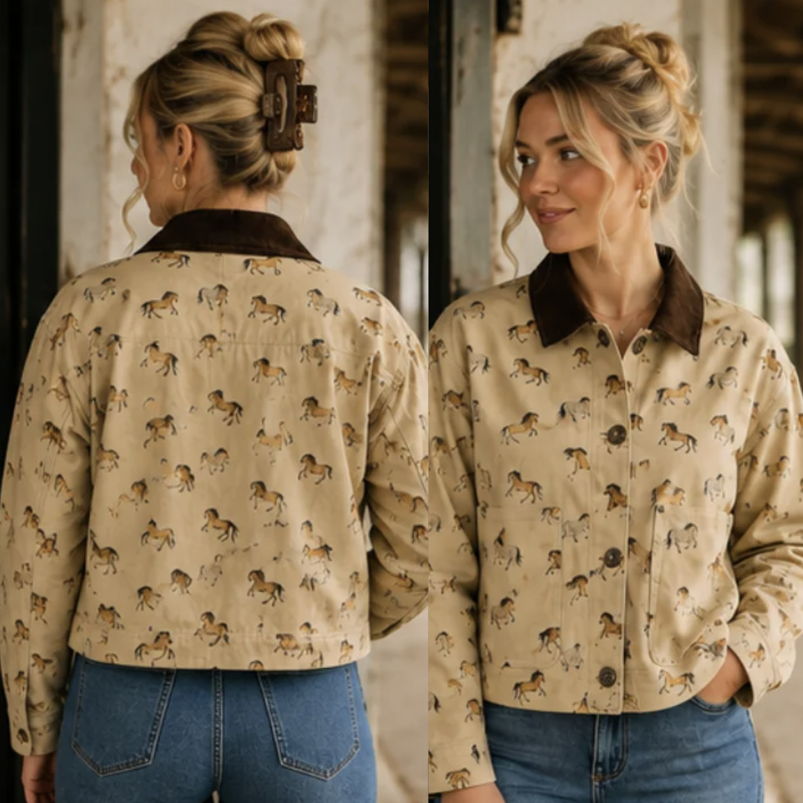 A woman shown from the back and side wearing a beige button-up shirt with an allover horse print and a dark brown collar, paired with blue jeans in an indoor setting.