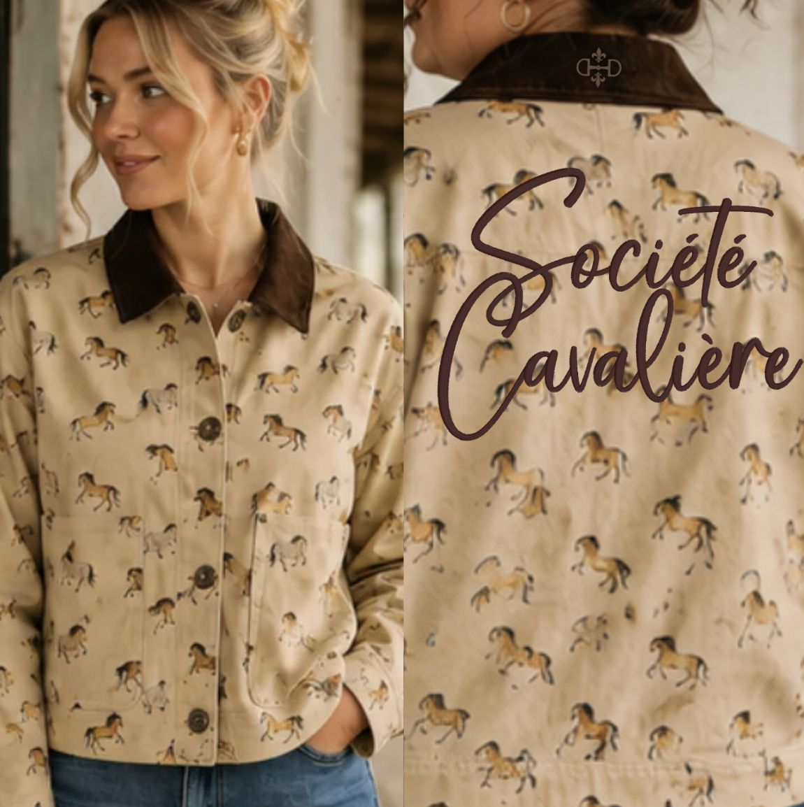 A woman wearing a beige printed jacket with a dark brown collar and pocket trim, shown in a split front-and-back view. The jacket has an allover horse print and the words 'Société Cavaliere' embroidered across the back.