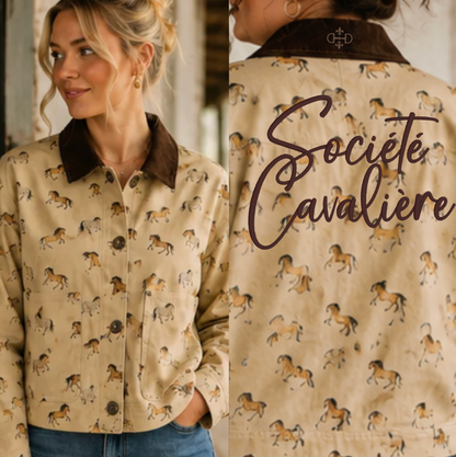 A woman wearing a beige printed jacket with a dark brown collar and pocket trim, shown in a split front-and-back view. The jacket has an allover horse print and the words 'Société Cavaliere' embroidered across the back.
