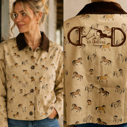 A woman wearing a beige button-front jacket with an allover horse print and a dark brown collar, shown in a split view: one side features her upper body wearing the jacket, and the other side shows the back with a large dark brown 'Le Cheval Designs' logo and horse motif.