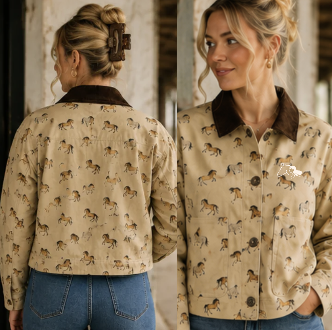 A woman modeling a cropped button-front jacket with an allover horse print. The jacket has a dark brown collar and back, and is shown from both the front and back in a split view against an indoor rustic background.