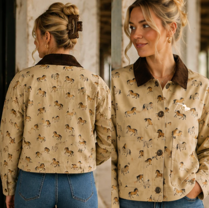 A woman modeling a cropped button-front jacket with an allover horse print. The jacket has a dark brown collar and back, and is shown from both the front and back in a split view against an indoor rustic background.