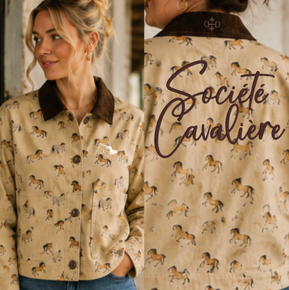 A woman wearing a beige printed jacket with a dark brown collar, shown in a split view of her face and the back of the jacket featuring the text 'Société Cavalieri'.