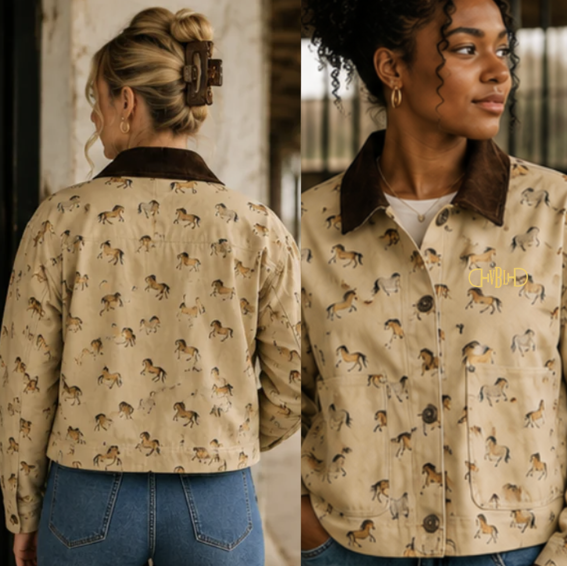 A woman shown from the back and front wearing a cropped beige jacket with an allover horse print, a dark brown corduroy-style collar, and front patch pockets. The jacket has a small gold embroidered monogram on the chest.