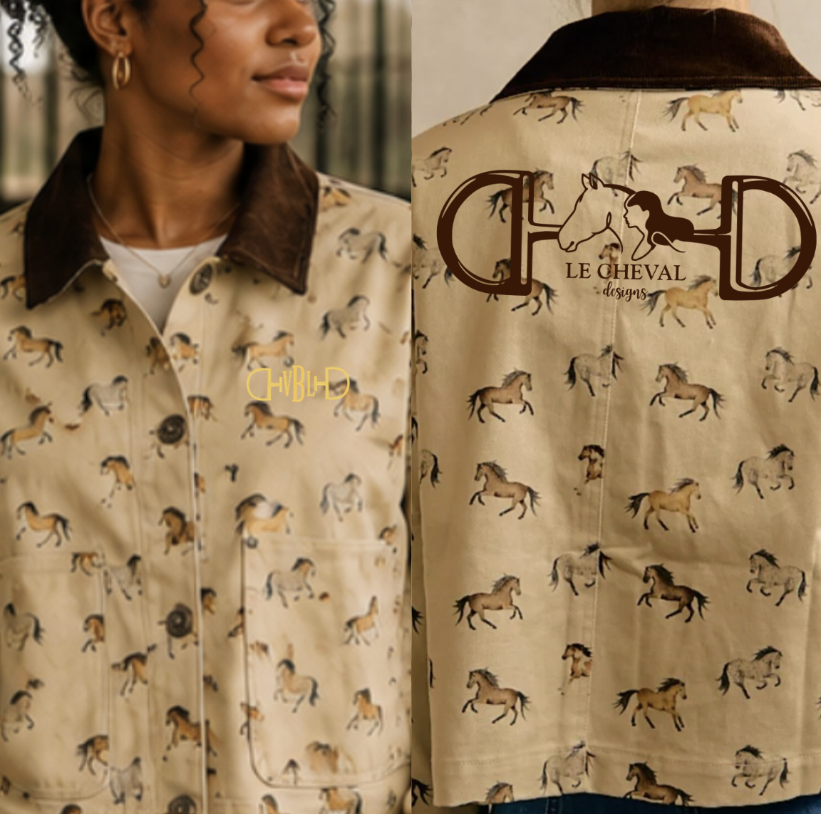 A beige barn jacket with an allover horse print and a dark brown collar, shown on a model from the front and back. The back features a large brown 'Le Cheval Designs' logo.