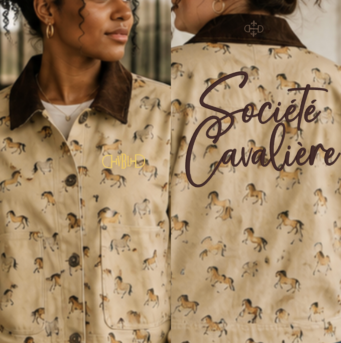 A model wears a beige button-front shirt jacket with an allover horse print, a dark brown collar, and a dark brown back collar. The image is split into front and back views, with the back view featuring the text 'Société Cavaliere' and a small embroidered monogram on front.