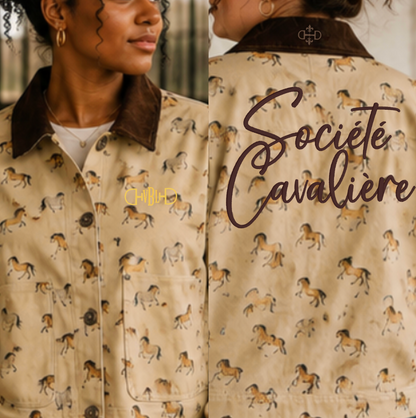 A model wears a beige button-front shirt jacket with an allover horse print, a dark brown collar, and a dark brown back collar. The image is split into front and back views, with the back view featuring the text 'Société Cavaliere' and a small embroidered monogram on front.