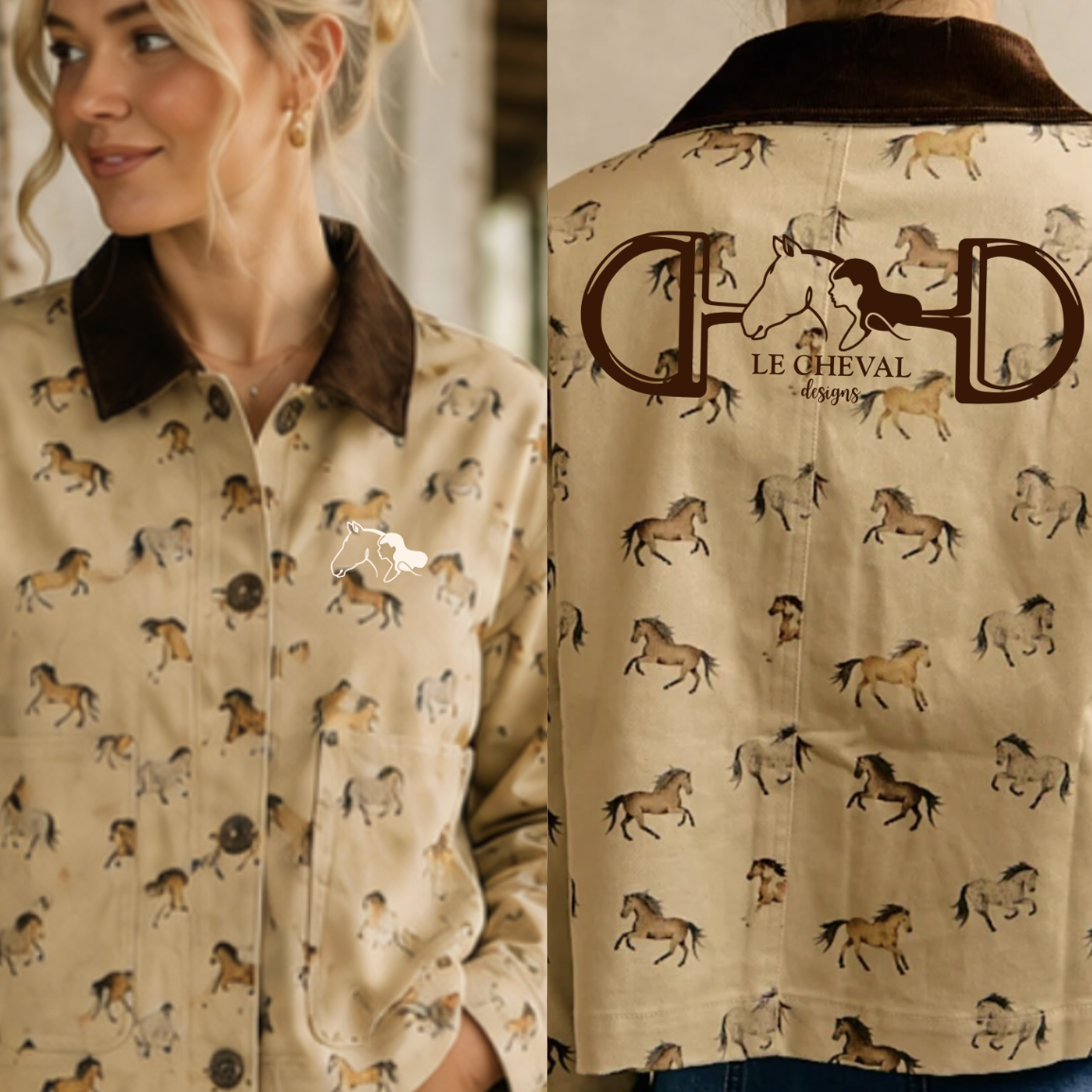 A woman wearing a beige button-front jacket with a dark brown collar, covered in a horse print, shown in a split view with the front and back displayed. The back features a large brown 'Le Cheval Designs' logo with a horse graphic.