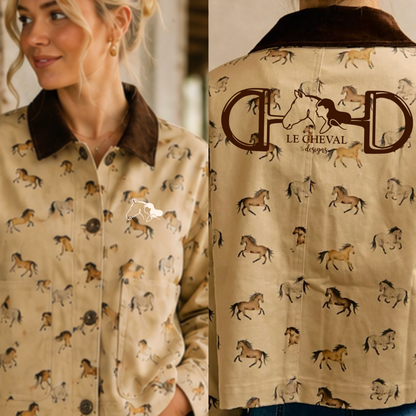 A woman wearing a beige button-front jacket with a dark brown collar, covered in a horse print, shown in a split view with the front and back displayed. The back features a large brown 'Le Cheval Designs' logo with a horse graphic.