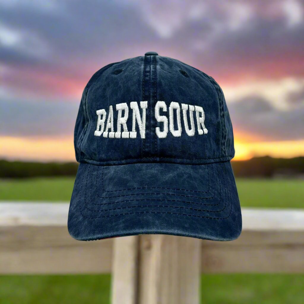 Navy hat with white embroidery sitting on wooden fence. Embroidery says "BARN SOUR" in a curved varsity text.