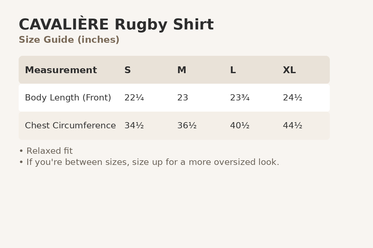 Size guide table for a Cavaliere Rugby Shirt in inches, showing body length and chest circumference measurements for S, M, L, and XL sizes on a light beige background.