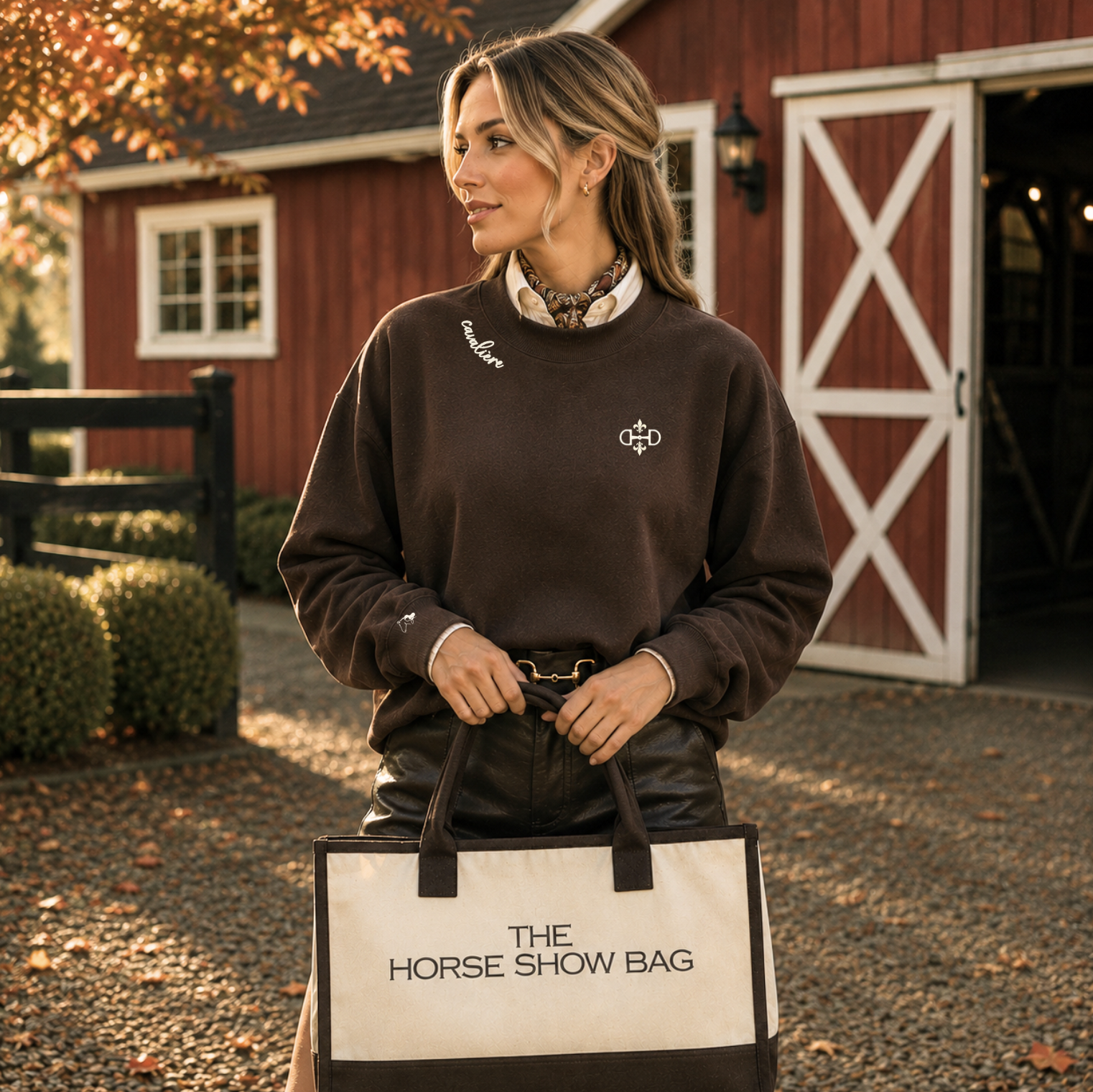 A woman stands outdoors in front of a red barn holding a tote bag. She is wearing a dark brown mock neck sweatshirt with small cream embroidered logos, and the tote bag has 'THE HORSE SHOW BAG' embroidered on it.
