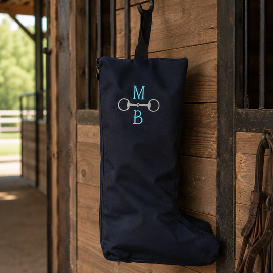 A navy blue horse boot hanging on a wooden stable door, featuring a silver horse bit graphic and turquoise monogram letters 'M' and 'B' on the front.
