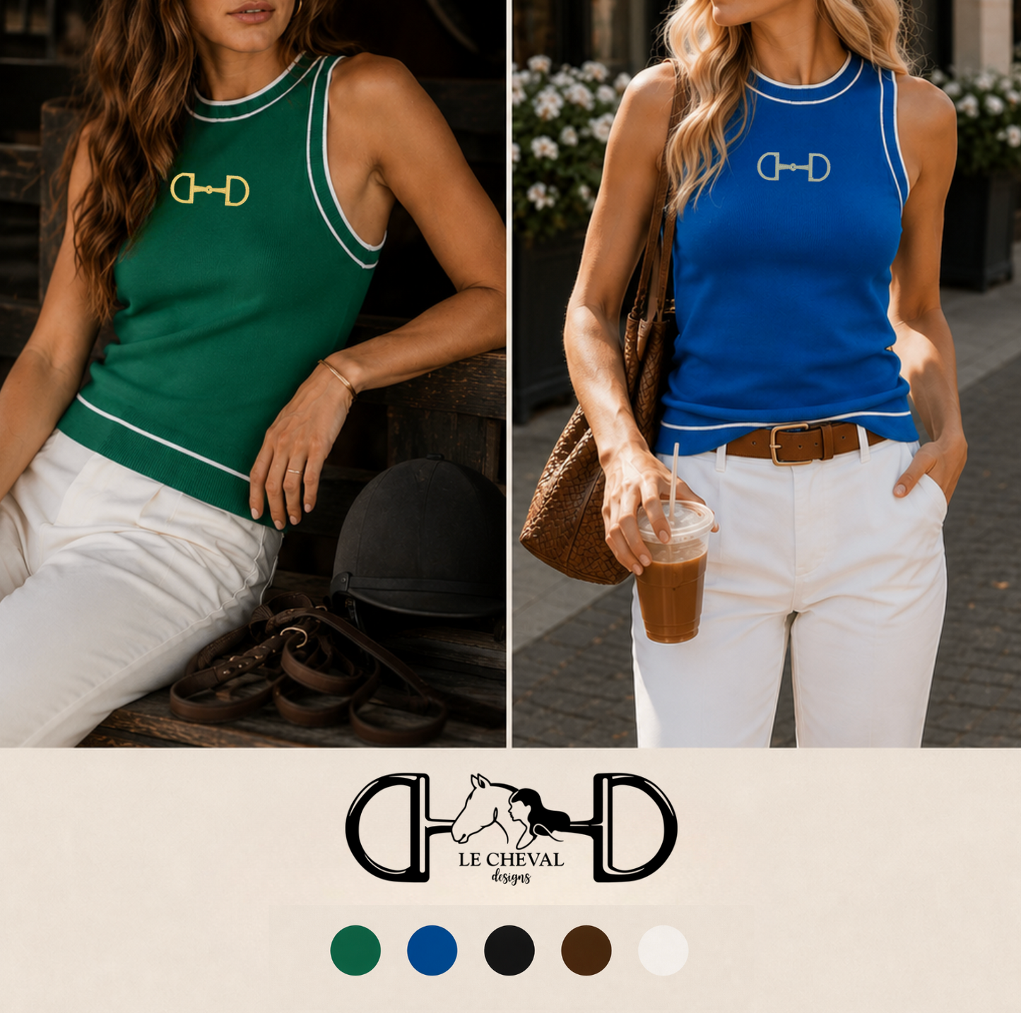 A split-panel lifestyle image shows a woman wearing the same sleeveless top in two colorways: dark green with white trim and a gold horse-bit logo on the left, and royal blue with white trim and a white horse-bit logo on the right. Below, a beige panel displays the Le Cheval Designs logo and color swatches including green, blue, black, brown, and white.