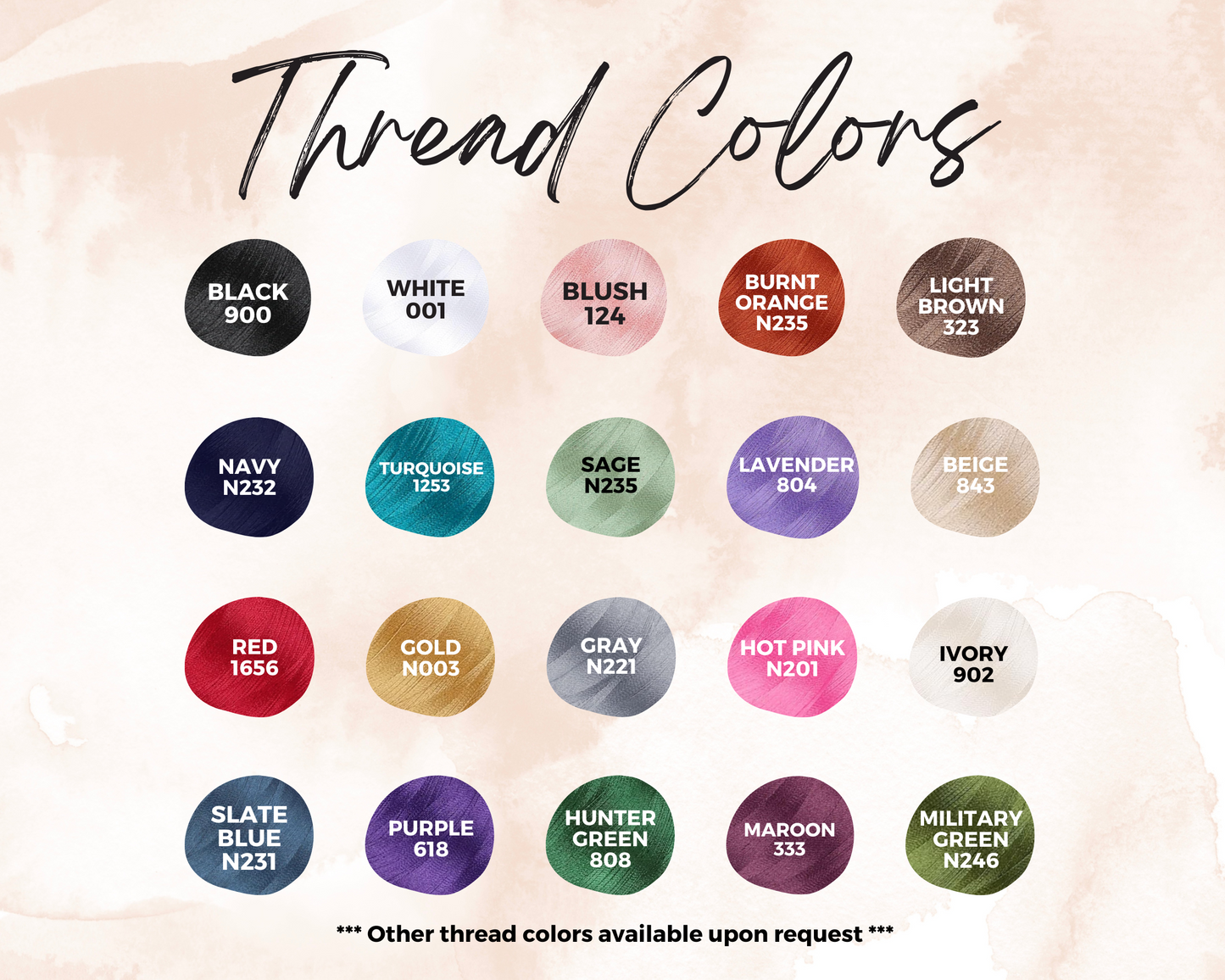 Color swatch chart for thread colors with labels on a beige background
