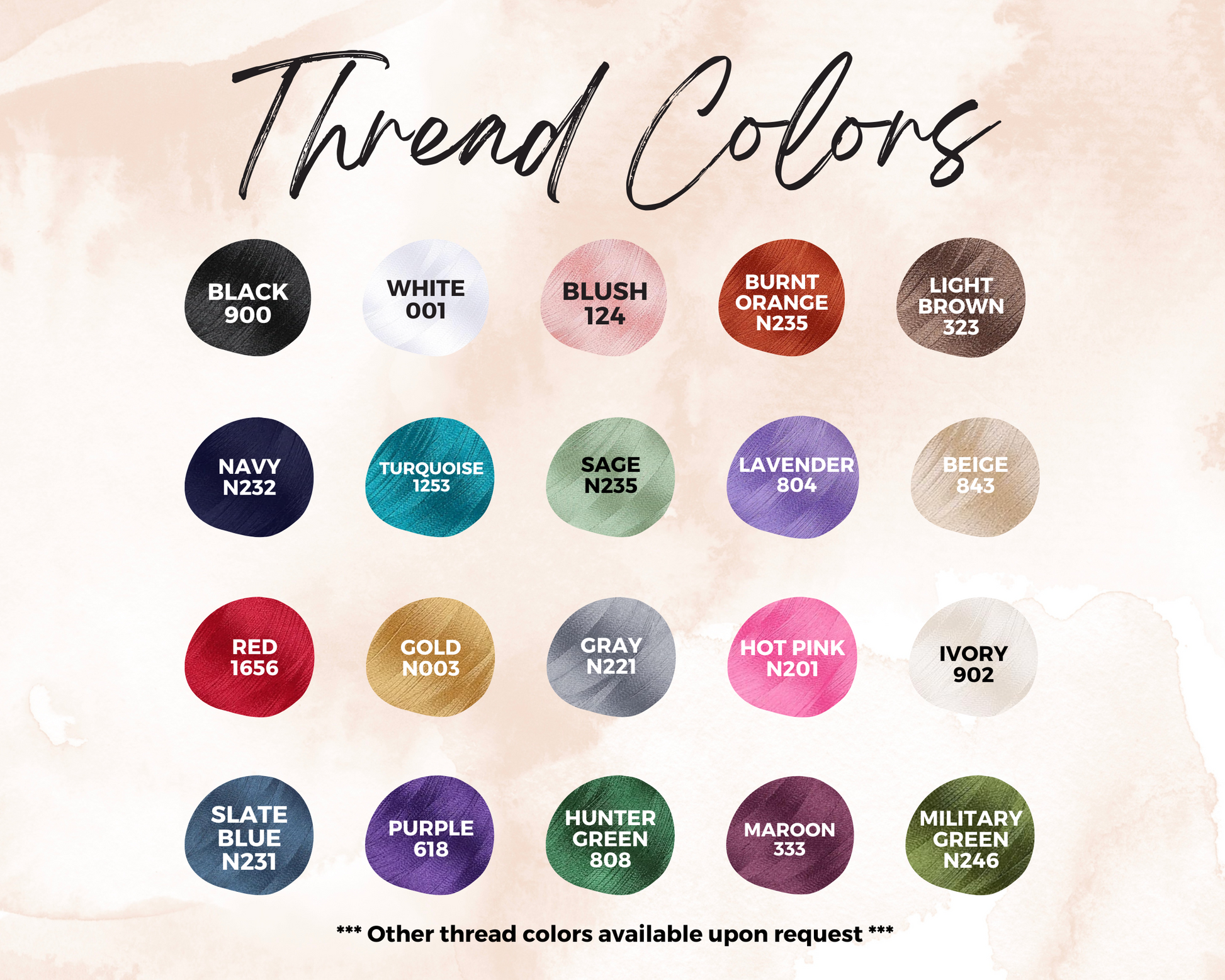 Color swatch chart for thread colors with labels on a beige background