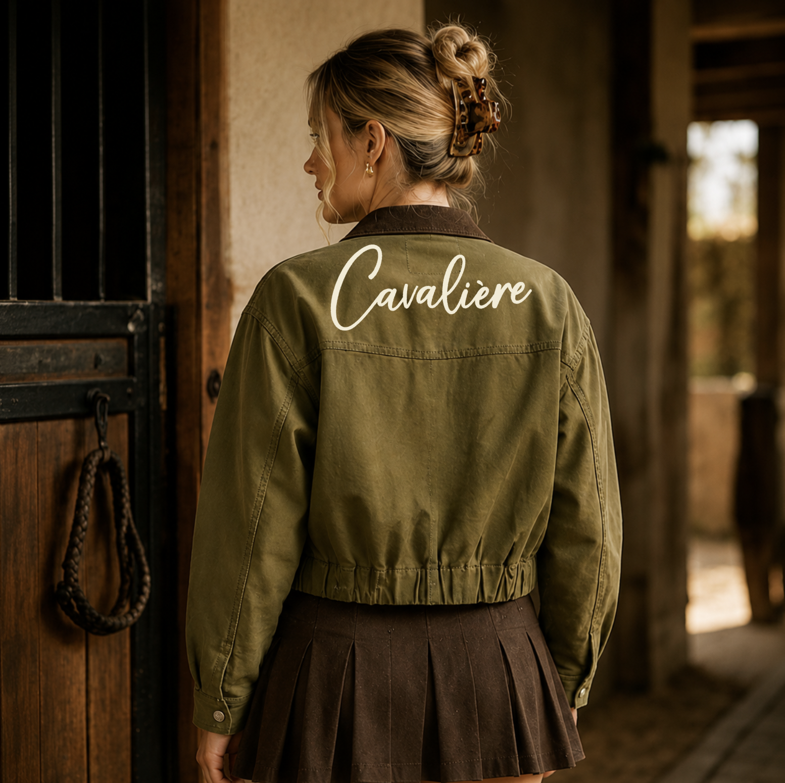 A woman stands with her back to the camera wearing an olive green cropped jacket with 'Cavaliere' embroidered in white script across the upper back, paired with a dark brown pleated skirt, in a rustic indoor stable setting.