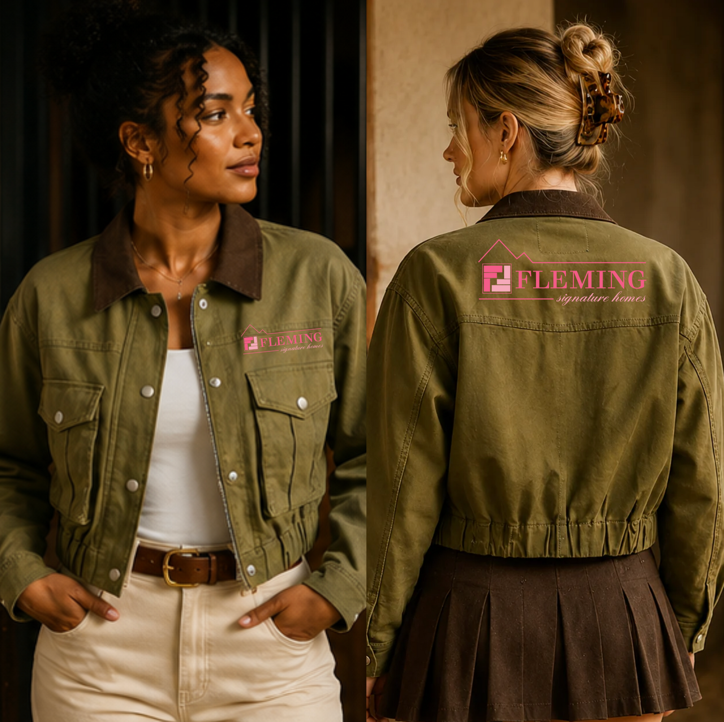 Two women modeling an olive green barn chore jacket, showing both the front and back views. The front features a brown collar and a pink custom logo on the chest pocket. The back features the same embroidered custom logo