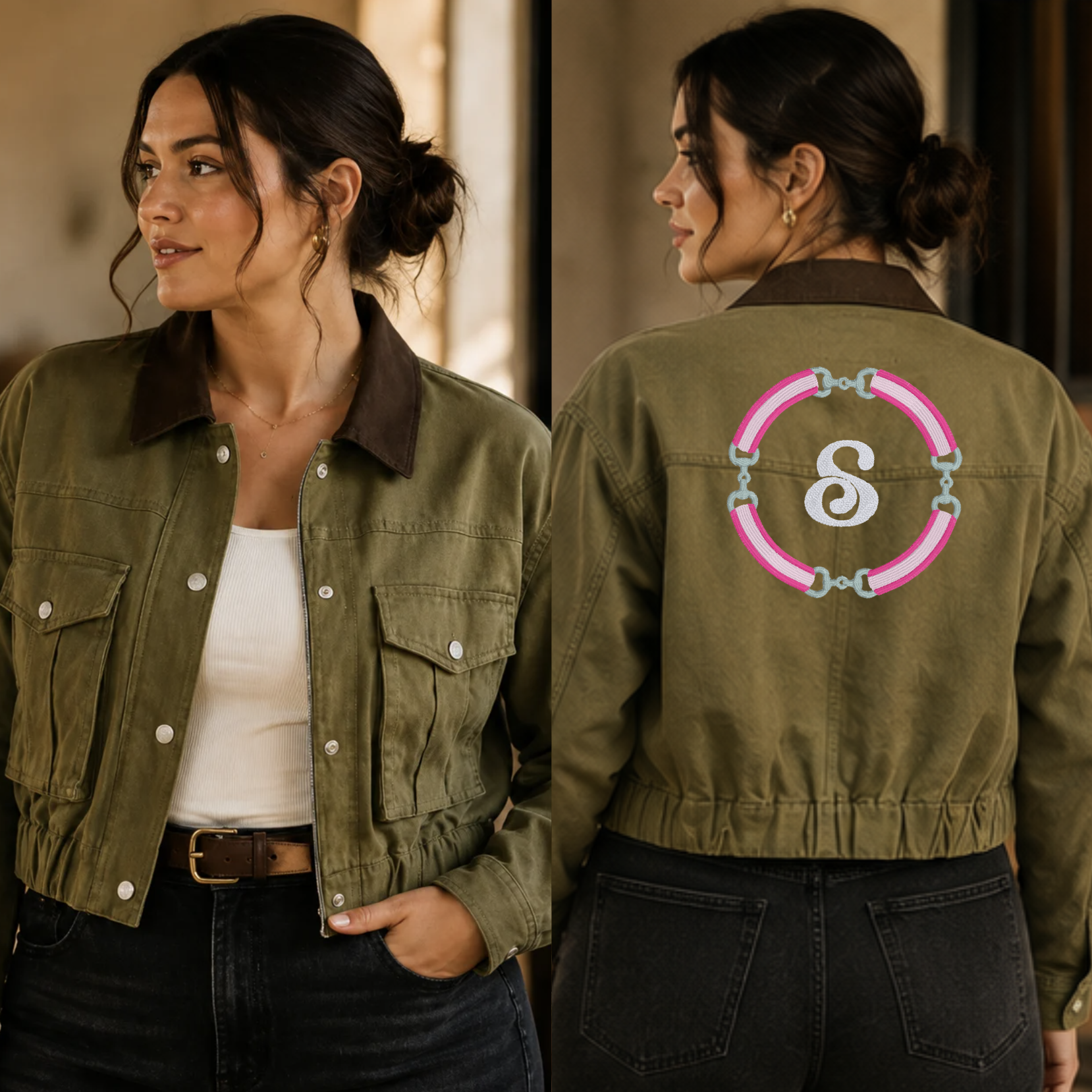 A woman modeling an olive green cropped utility jacket, shown from both the front and back. The jacket features a dark brown collar, silver snap buttons, and embroidery on the back with a pink neon ribbon circle, silver snaffle bits, and a white monogram 'S'.