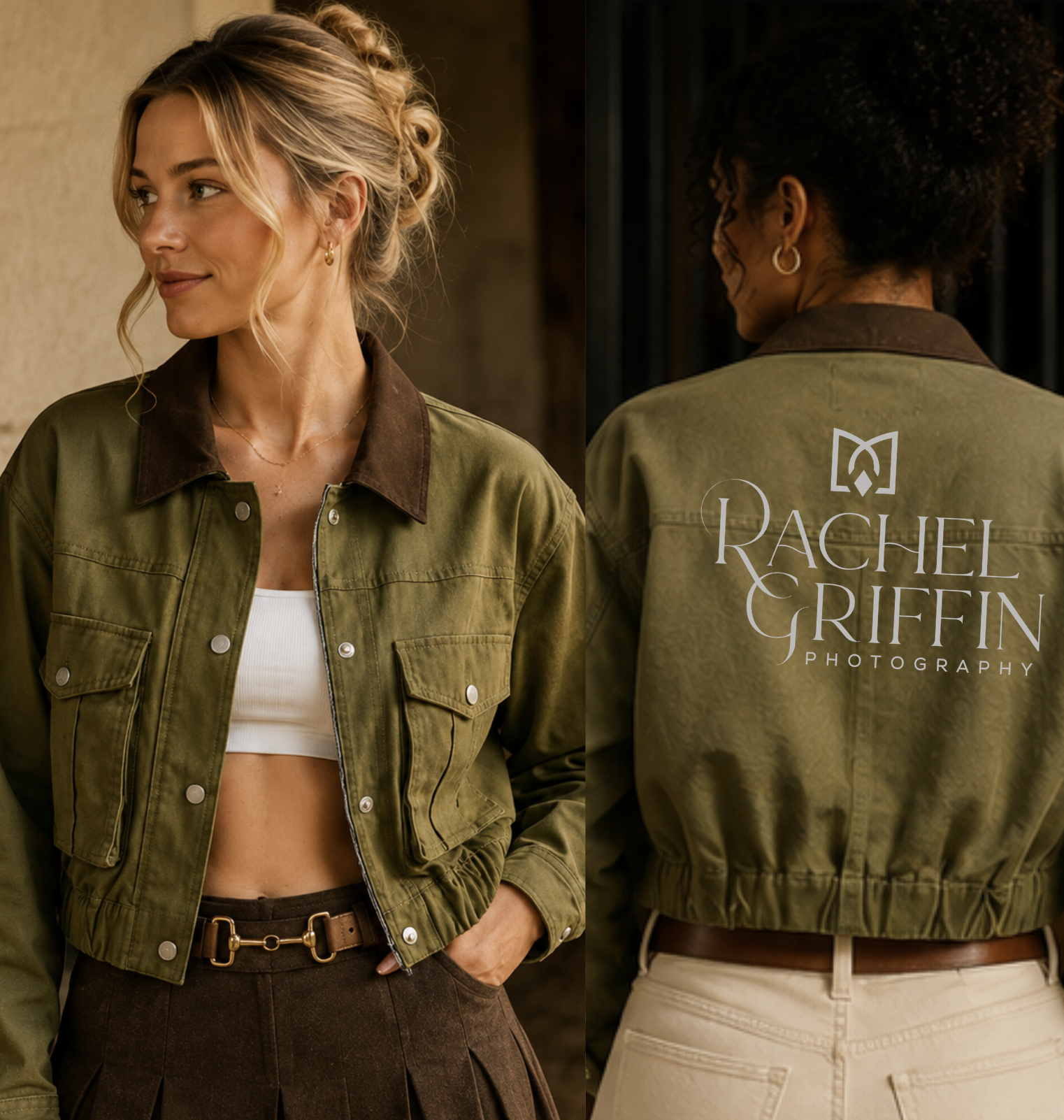 Two women modeling an olive green cropped chore jacket in a warm indoor setting. The front view shows a brown corduroy-style collar and front pockets, while the back view shows a large white 'Rachel Griffin Photography' logo embroidered across the back.
