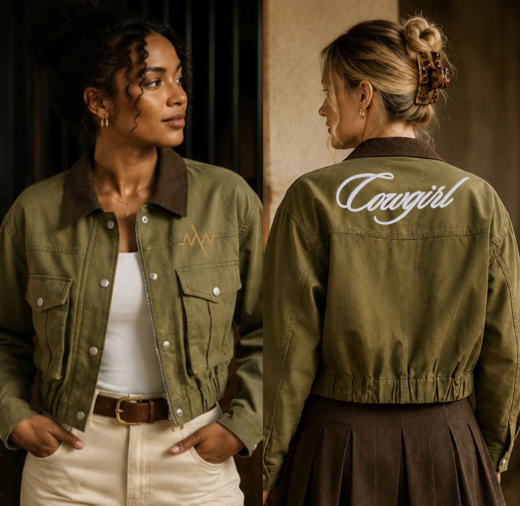 Two women modeling an olive green cropped jacket in a warm indoor setting. One shows the front with a brown collar and chest embroidery, and the other shows the back with 'Cowgirl' embroidered in white script.