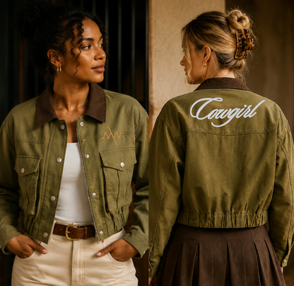 Two women modeling an olive green cropped jacket in a warm indoor setting. One shows the front with a brown collar and chest embroidery, and the other shows the back with 'Cowgirl' embroidered in white script.